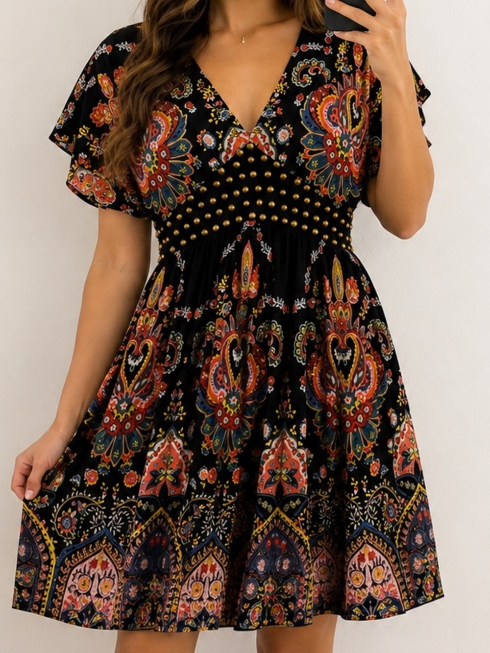 Vintage Angie Boho Paisley Studded Empire Waist Mini Dress Black S